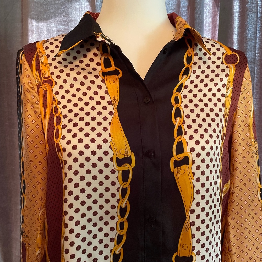 Zara TRF Collection Oversize 80s Blouse gold chain tassel pattern Size M